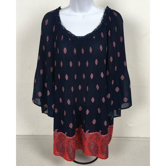 Catherines Petite Womens Top Size 2XWP Navy Blue Red Boho Print Bell Sleeve - Picture 1 of 14